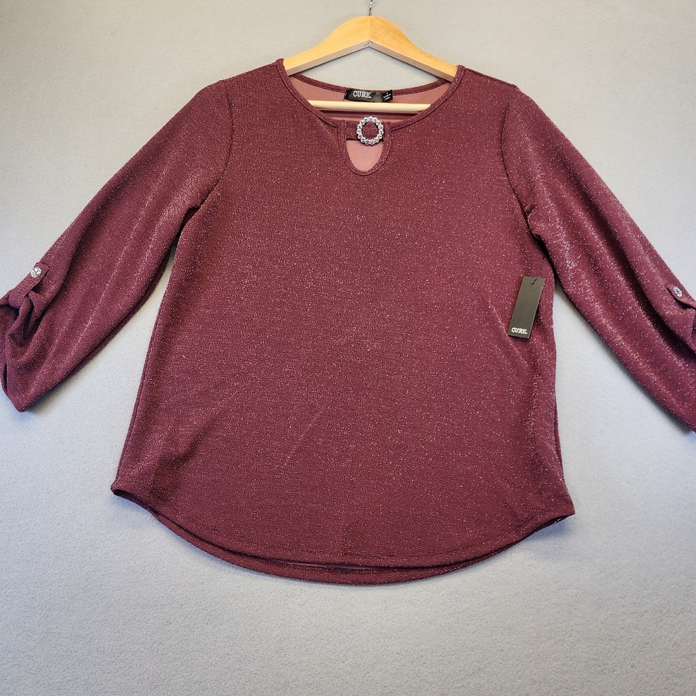 CURE Rose Gold Blush Metallic Sparkle Blouse Keyhole‎ Rhinestone Bling Luxe NWT